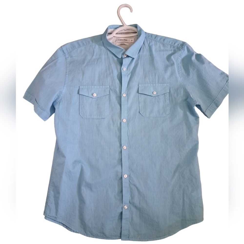CALVIN KLEIN slim fit short sleeve shirt blue coastal resort cotton mens large